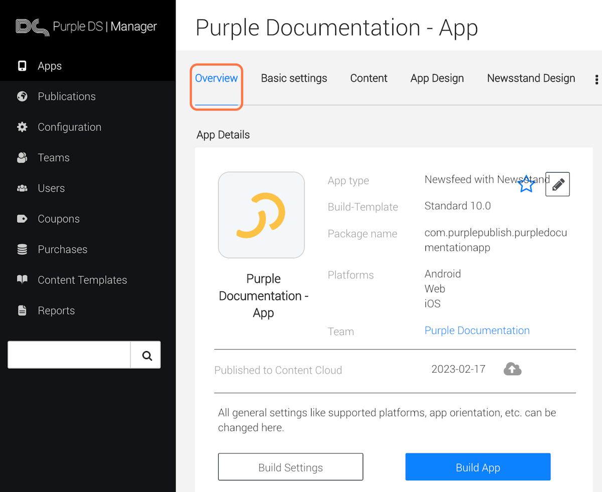 Go to Purple Manager – 'Apps' – 'Overview'