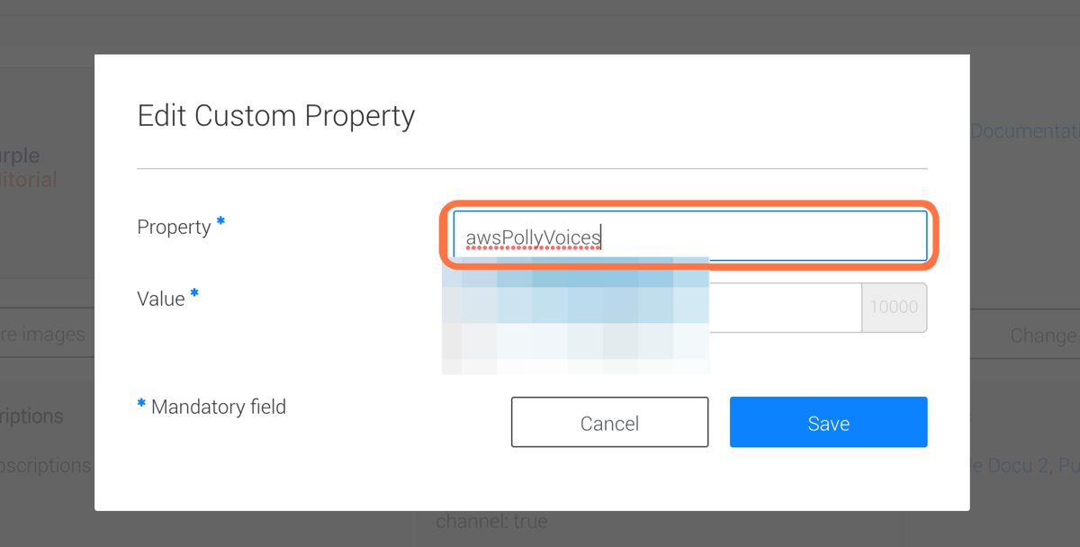 Next to 'Property' insert 'awsPollyVoices Next to 'Property' insert 'awsPollyVoices