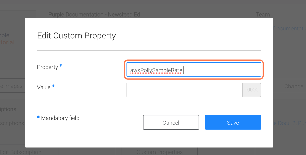 Next to 'Property', insert 'awsPollySampleRate' Next to 'Property', insert 'awsPollySampleRate'