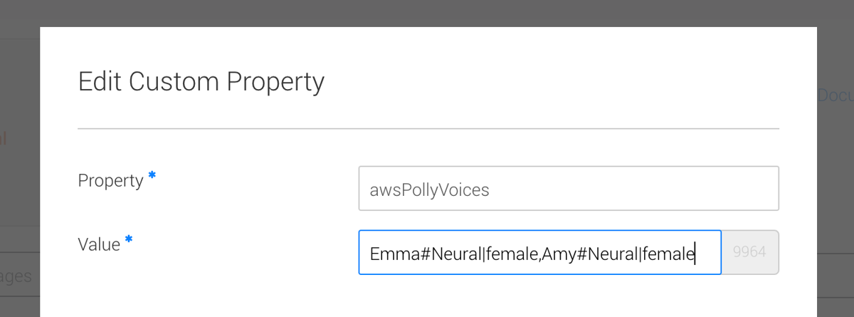 Next to 'Value' insert your desired Polly voices Next to 'Value' insert your desired Polly voices