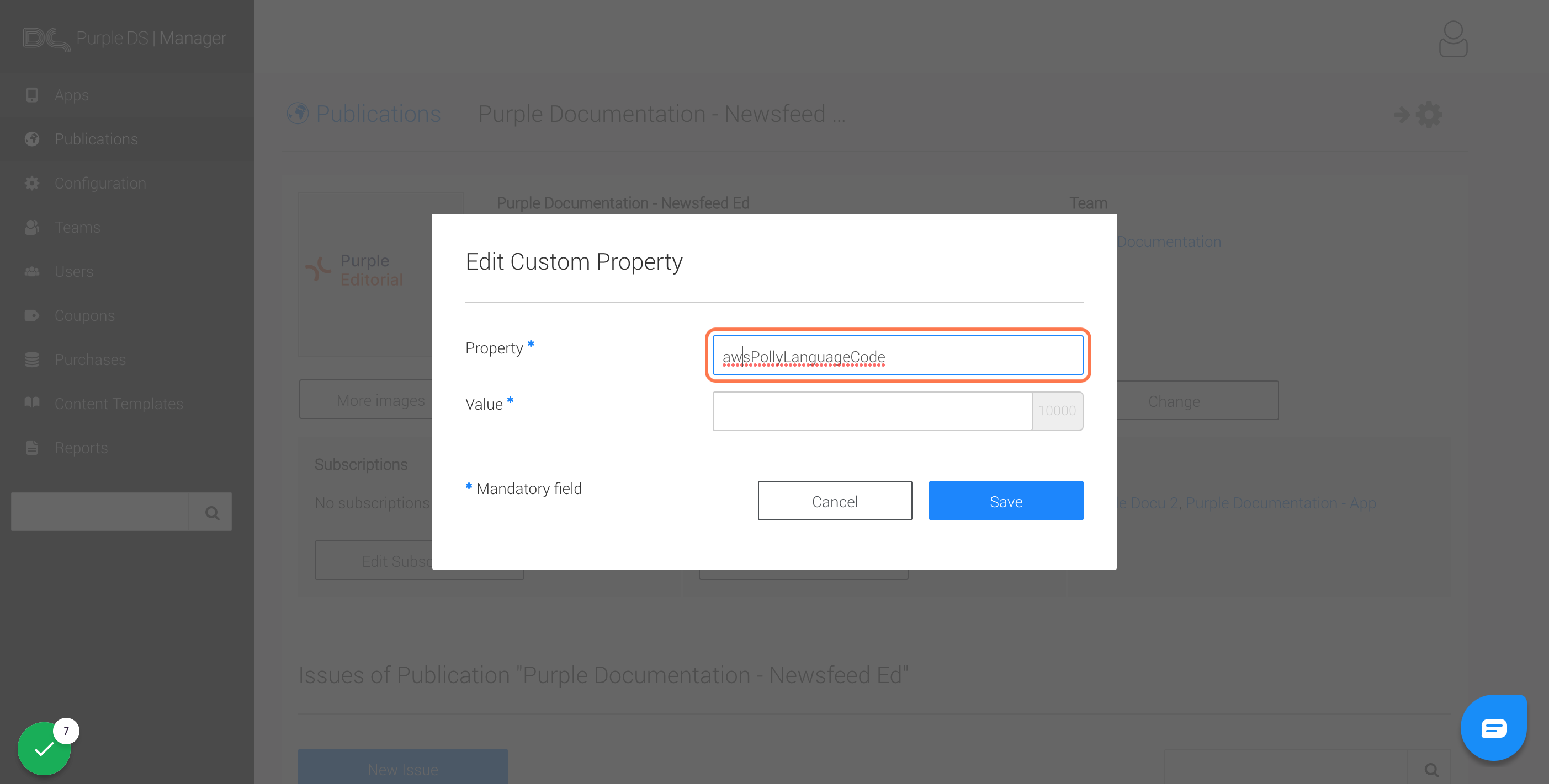 Next to 'Property' insert 'awsPollyLanguageCode'