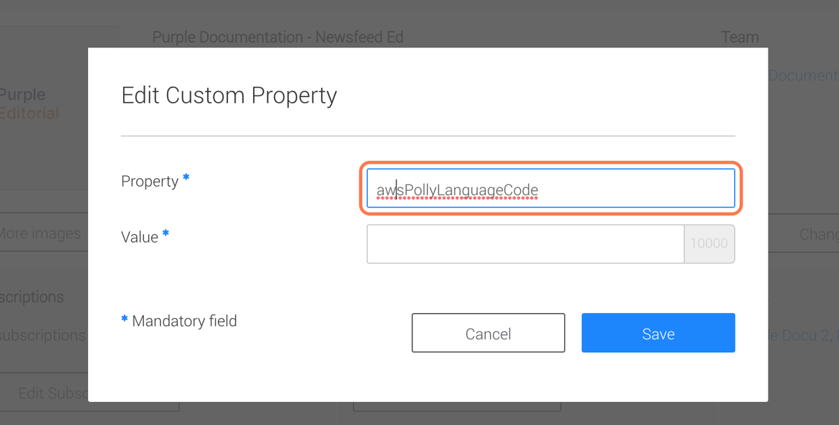 Next to 'Property' insert 'awsPollyLanguageCode' Next to 'Property' insert 'awsPollyLanguageCode'
