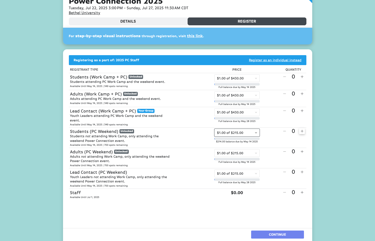 Click on Increment Amount for however many people you are registering.