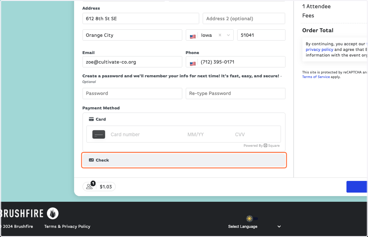 Fill in your card information OR select Check.