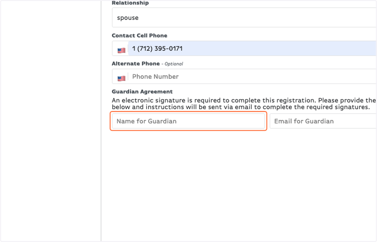 Fill in a Guardian's information so they can sign the Agreement form.