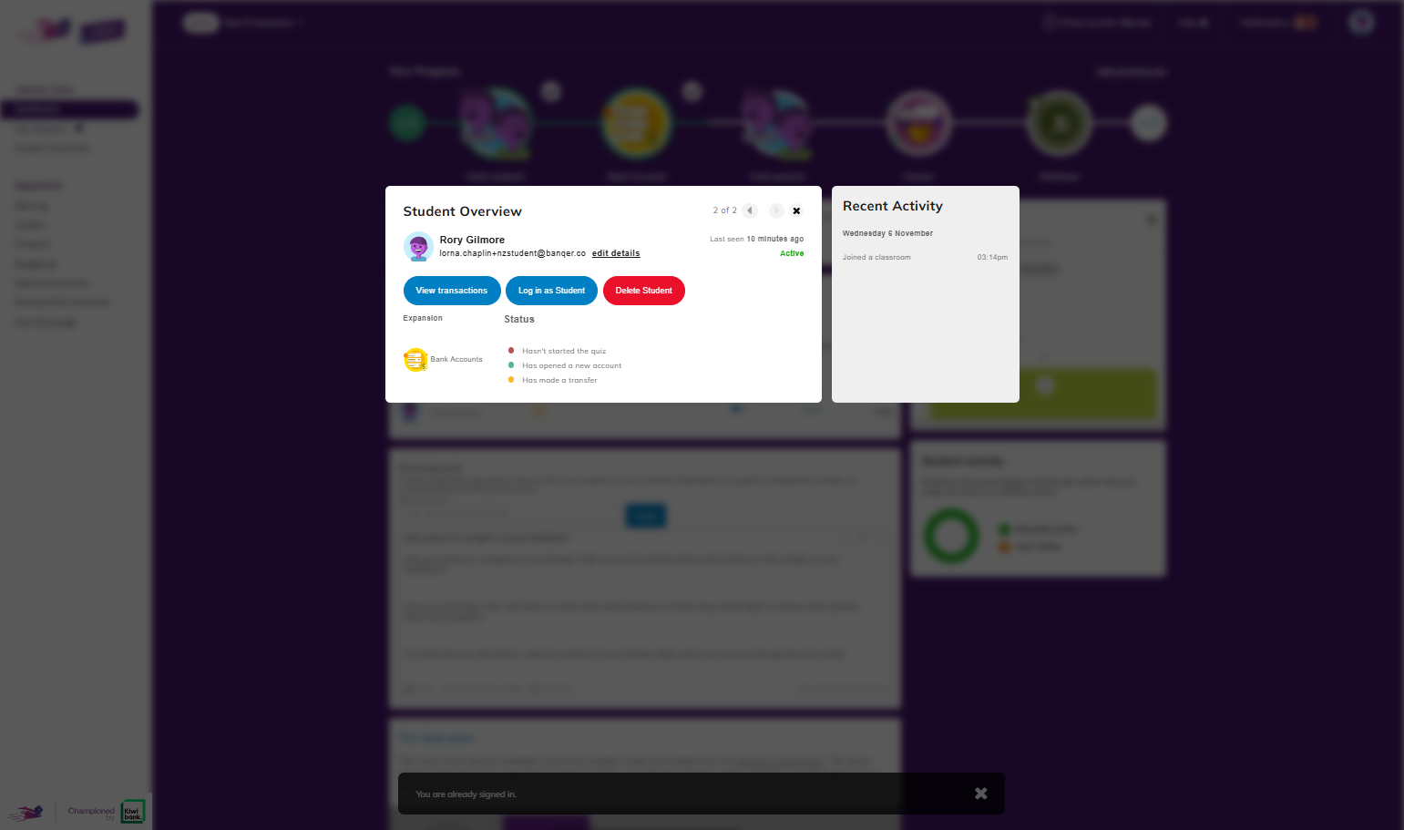 From the Student Overview, click Delete Student.
