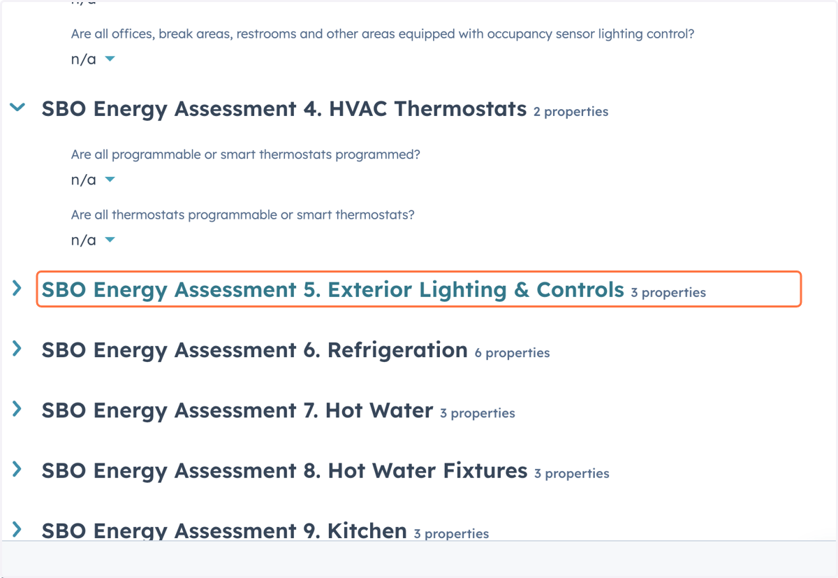 Complete the 'SBO Energy Assessment 5. Exterior Lighting & Controls 3 properties' section