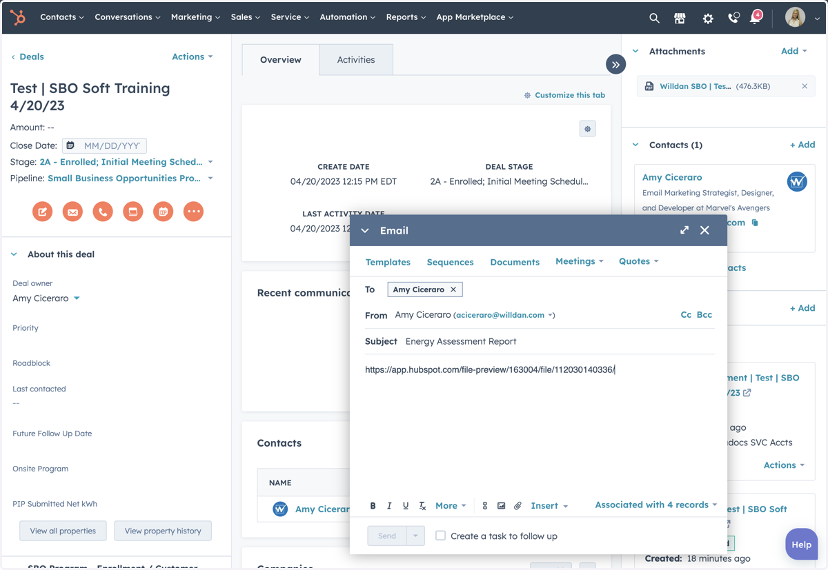 Type your message to the customer and paste the Energy Assessment Report link