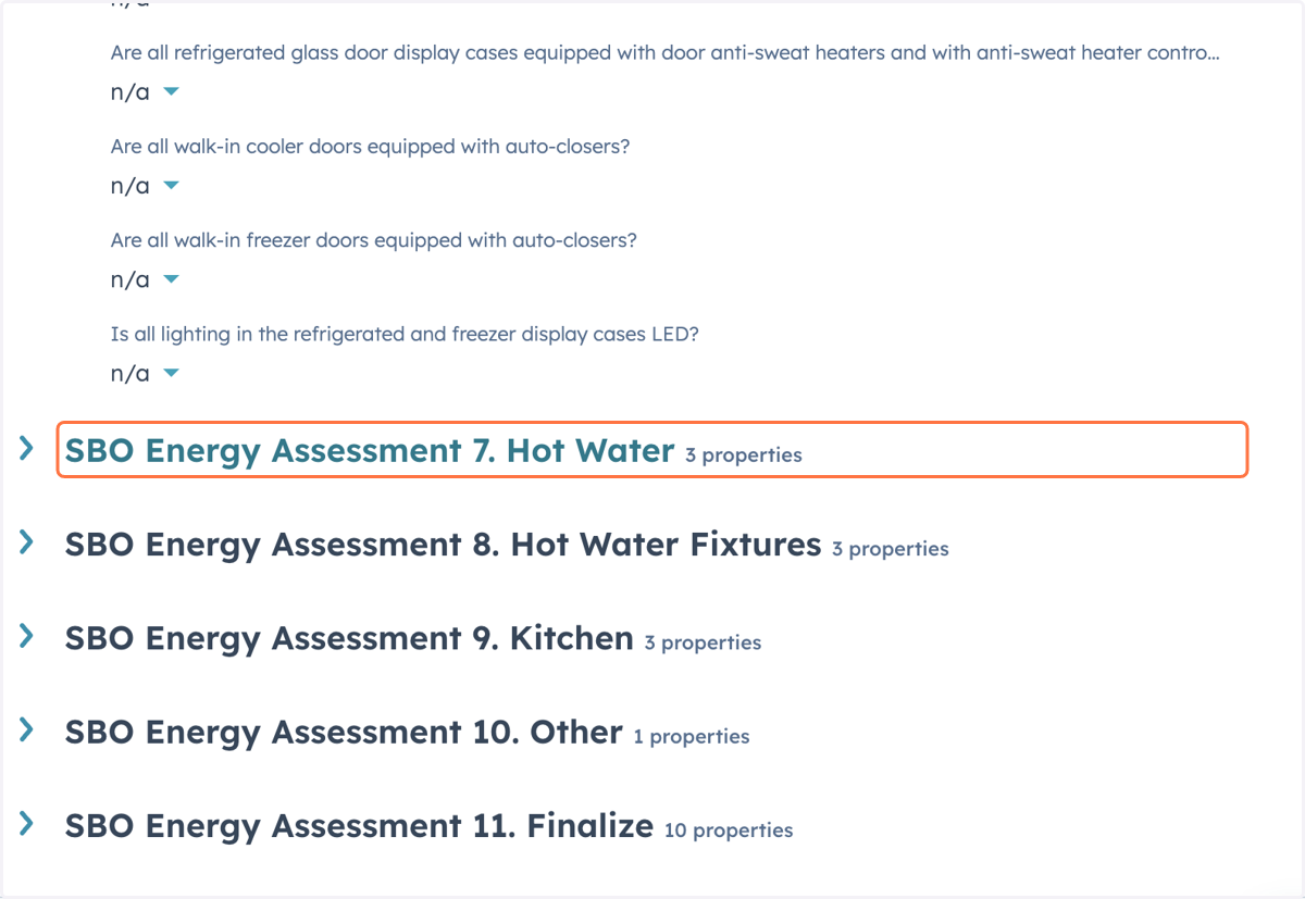 Complete the 'SBO Energy Assessment 7. Hot Water 3 properties' section