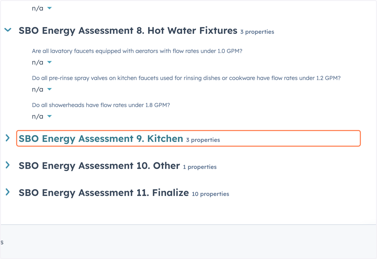 Complete the 'SBO Energy Assessment 9. Kitchen 3 properties' section