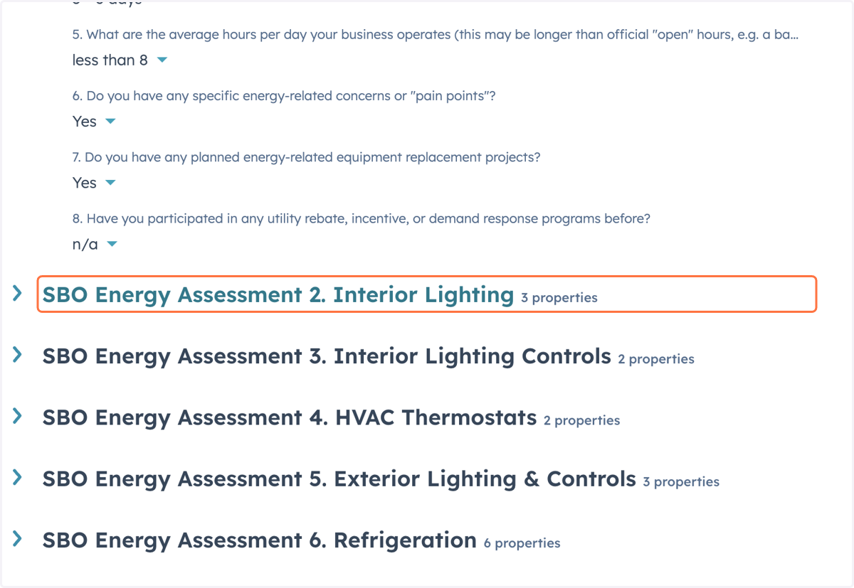 Complete the 'SBO Energy Assessment 2. Interior Lighting 3 properties' section