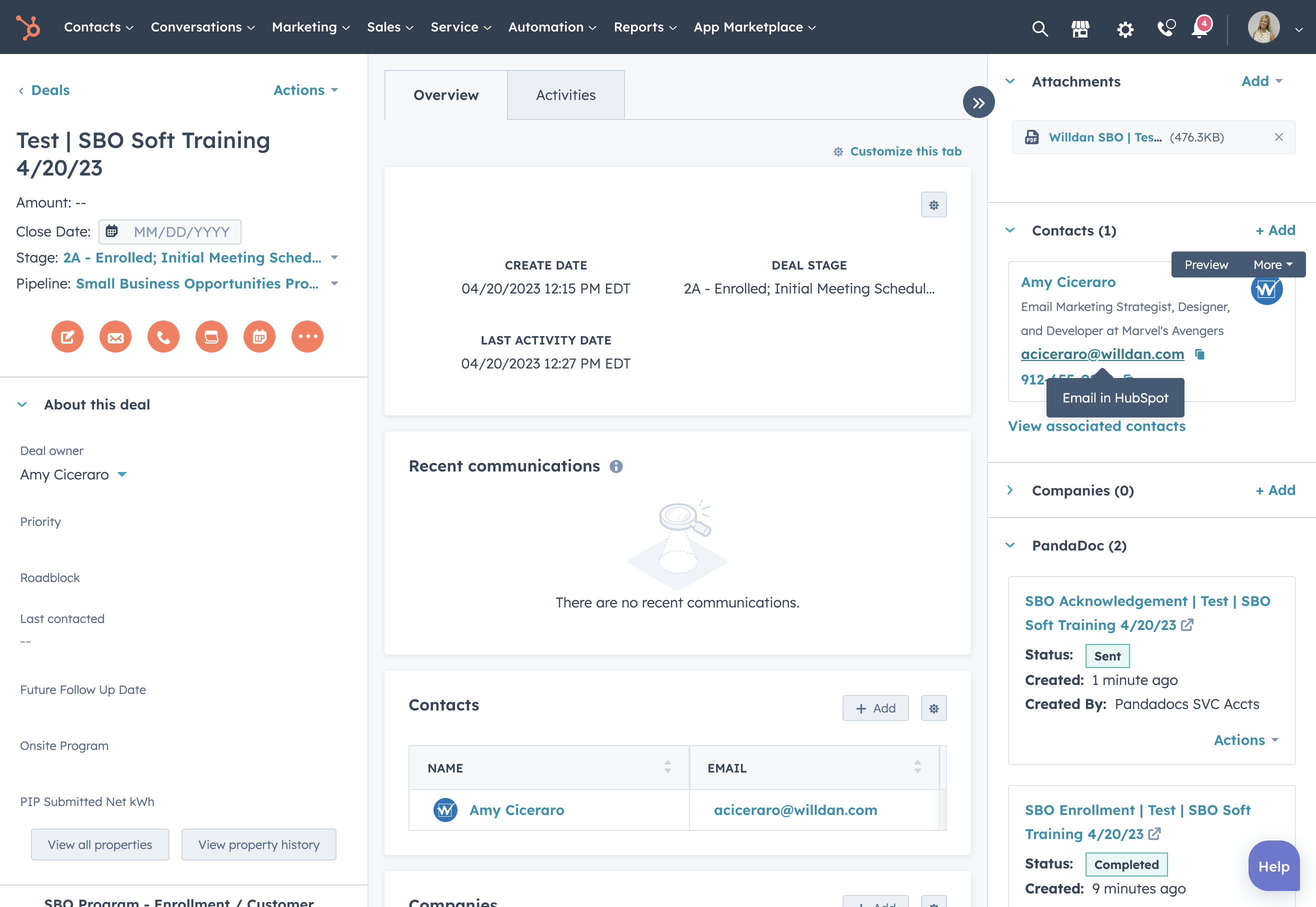 Click the customer's email address in the 'Contacts' section of the right deal sidebar