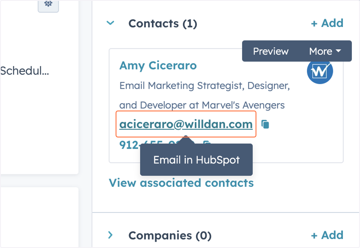 Click the customer's email address in the 'Contacts' section of the right deal sidebar