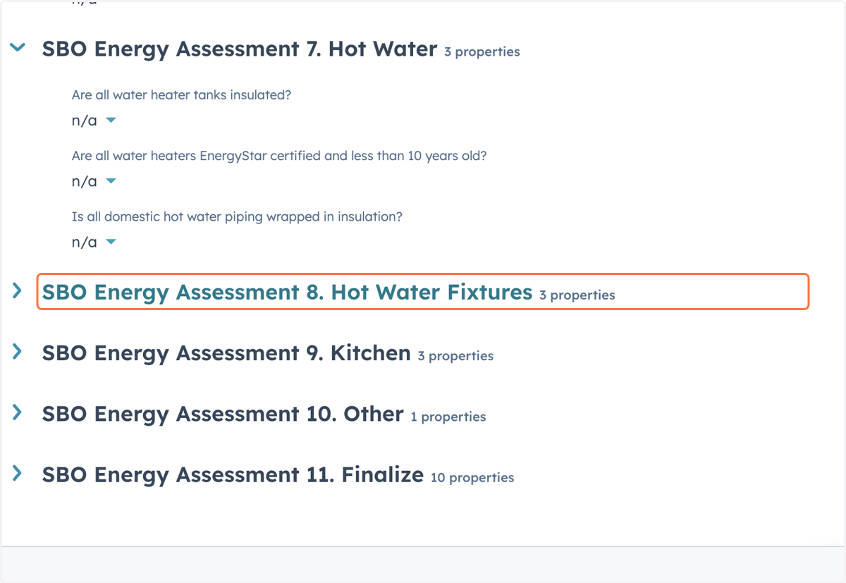 Complete the 'SBO Energy Assessment 8. Hot Water Fixtures 3 properties' section