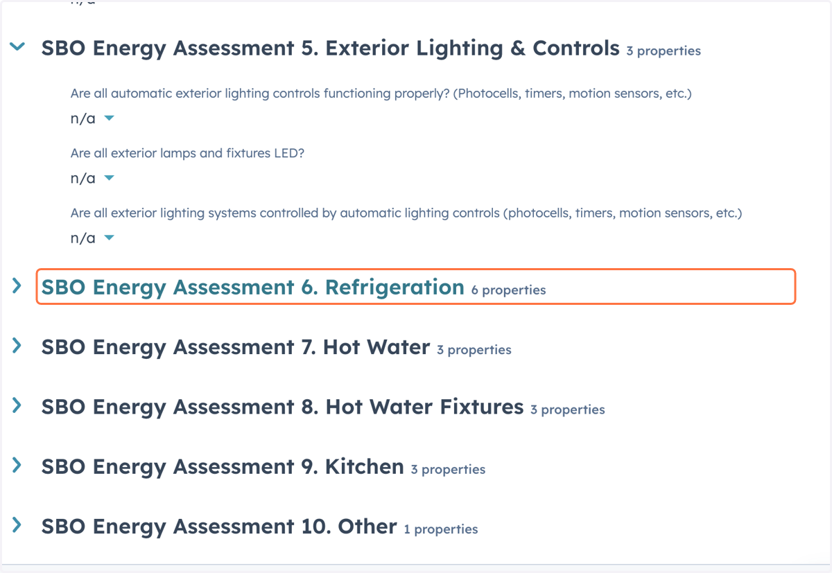 Complete the 'SBO Energy Assessment 6. Refrigeration 6 properties' section