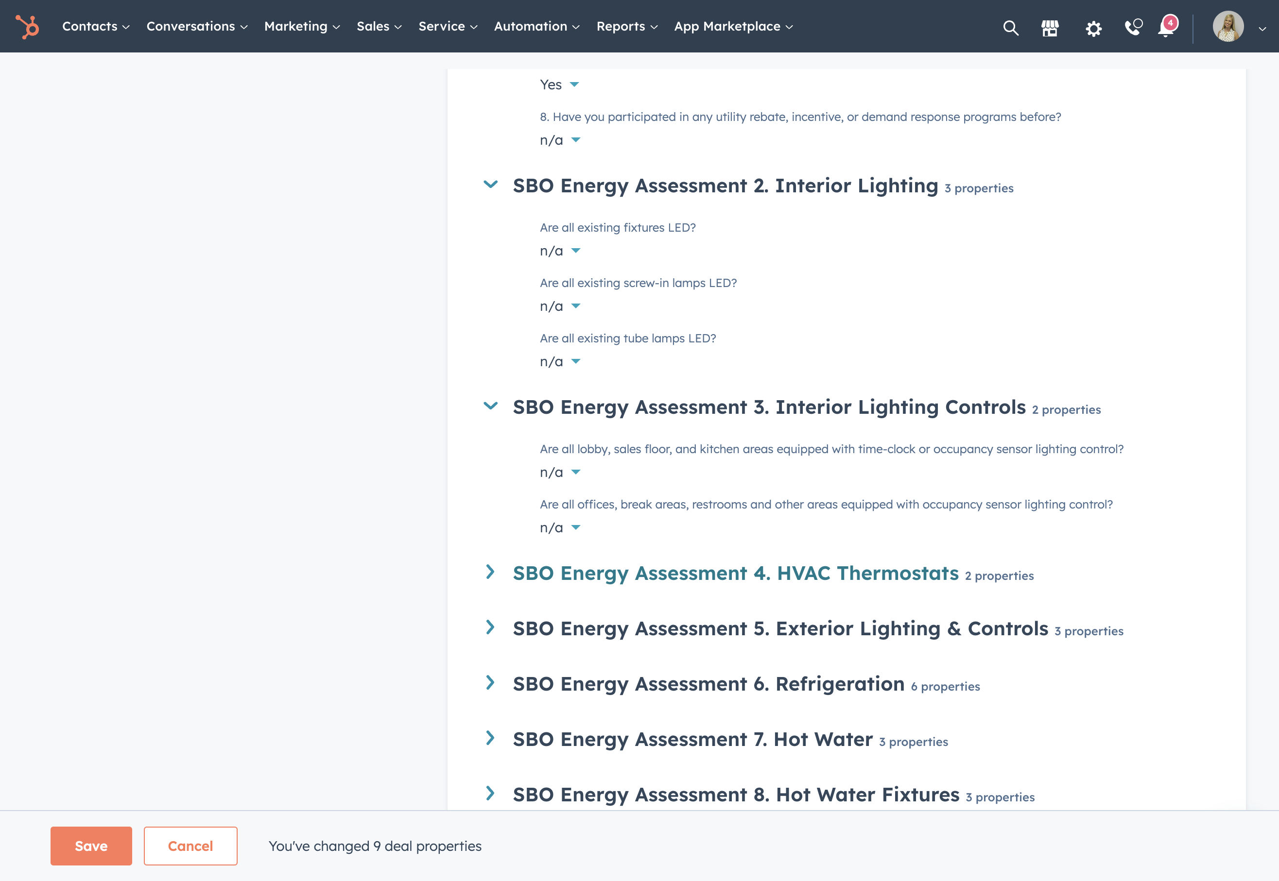Complete the 'SBO Energy Assessment 4. HVAC Thermostats 2 properties' section