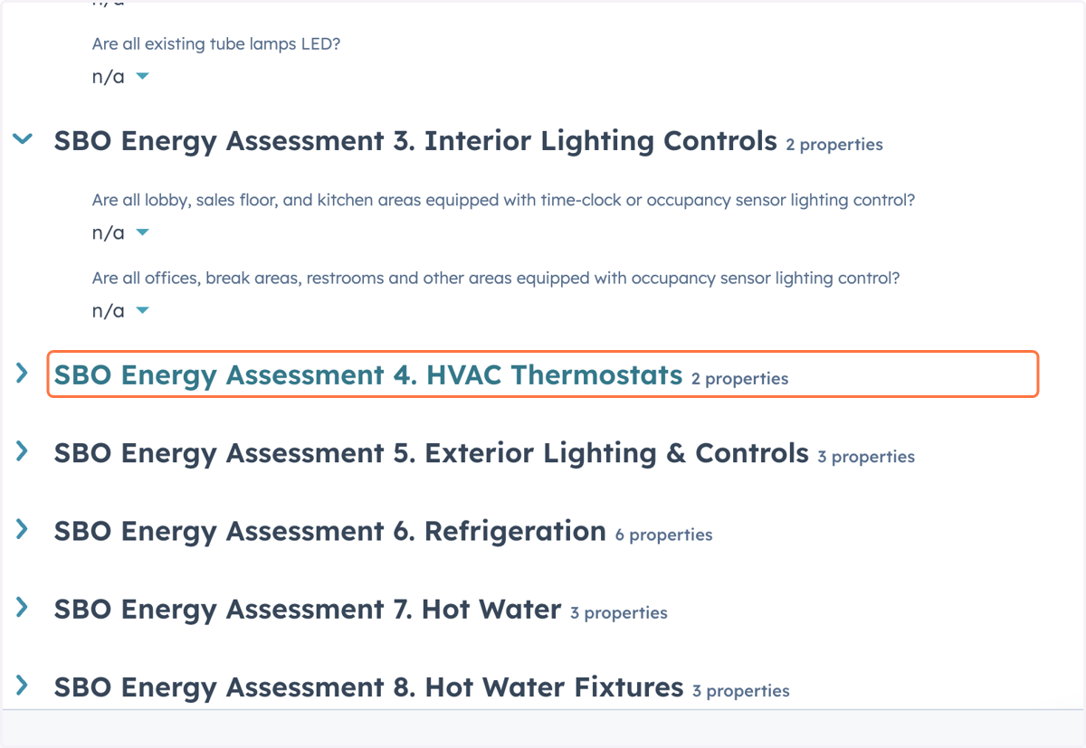 Complete the 'SBO Energy Assessment 4. HVAC Thermostats 2 properties' section