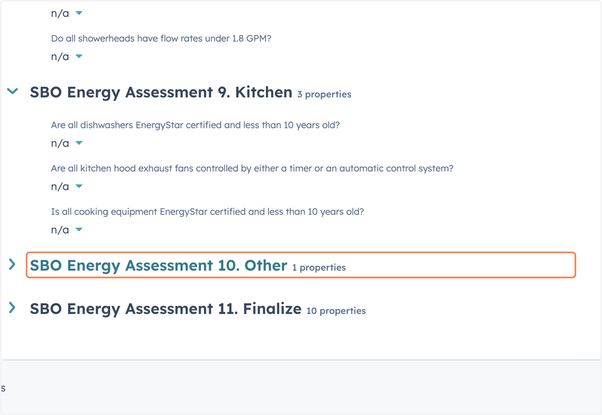 Complete the 'SBO Energy Assessment 10. Other 1 properties' section
