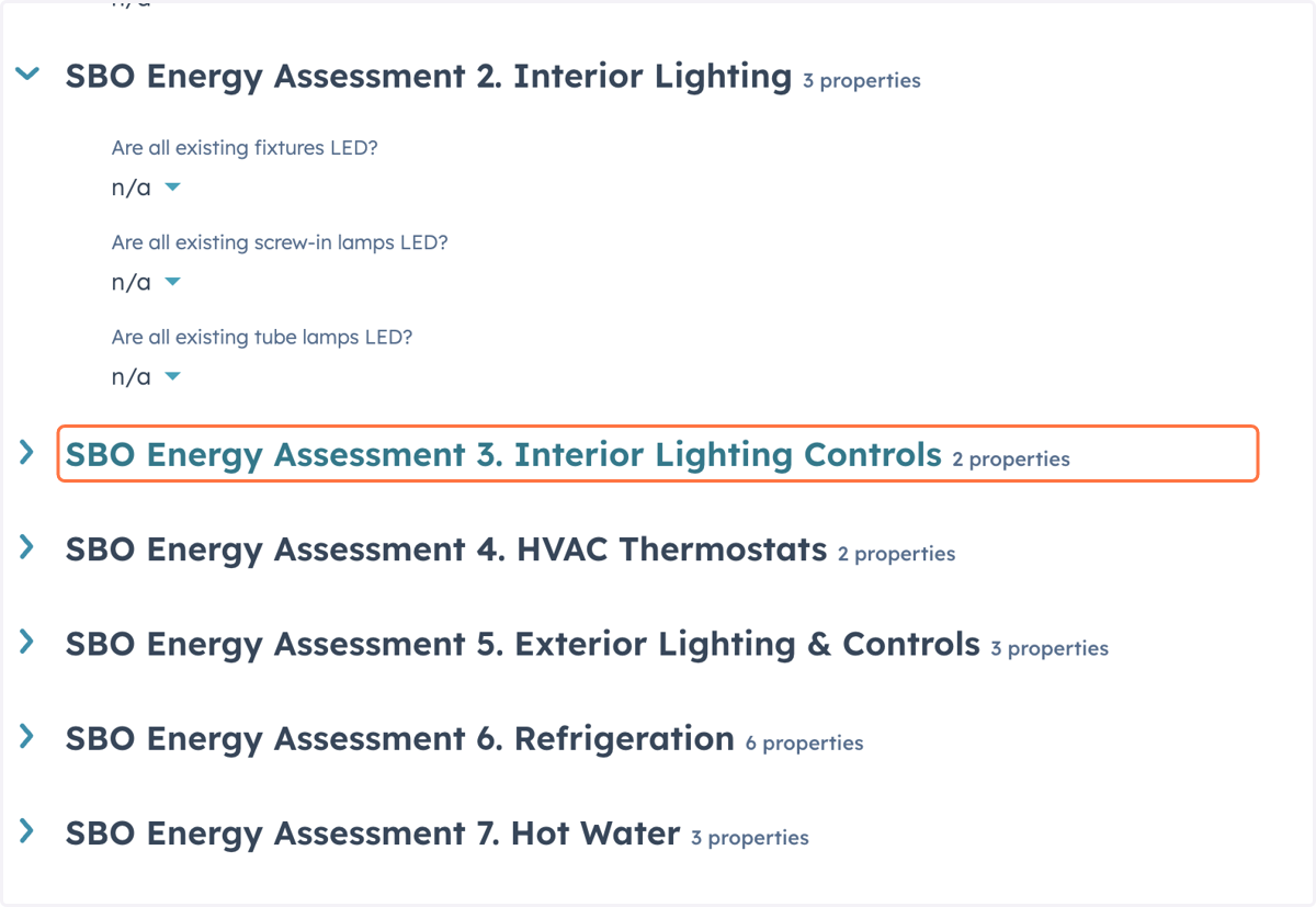 Complete the 'SBO Energy Assessment 3. Interior Lighting Controls 2 properties' section