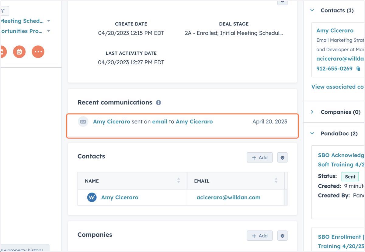 The email will be logged in Hubspot under "Recent Communications' in the deal view