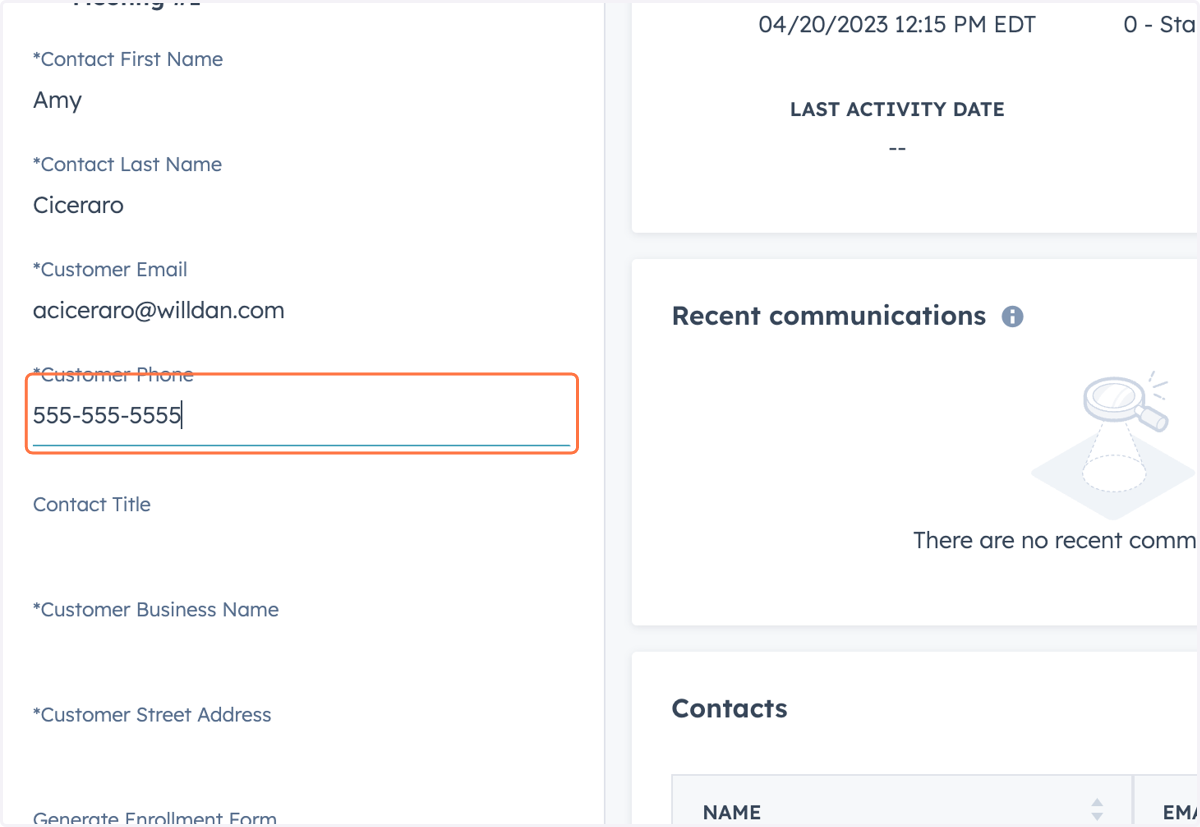 Input 'Customer Phone'