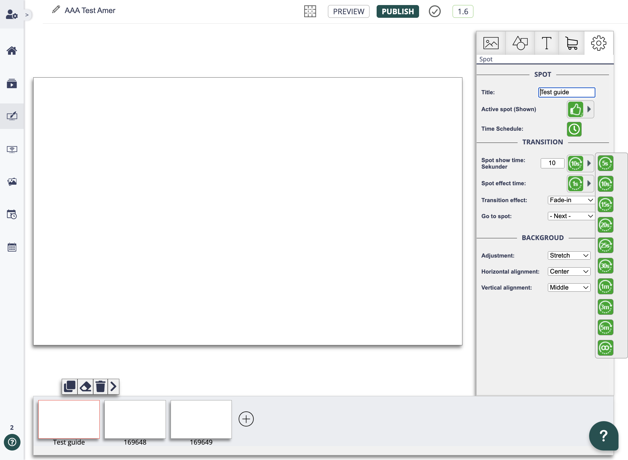 Digital signage CMS with spot settings for 'Test guide', showing options for duration and transition effects.