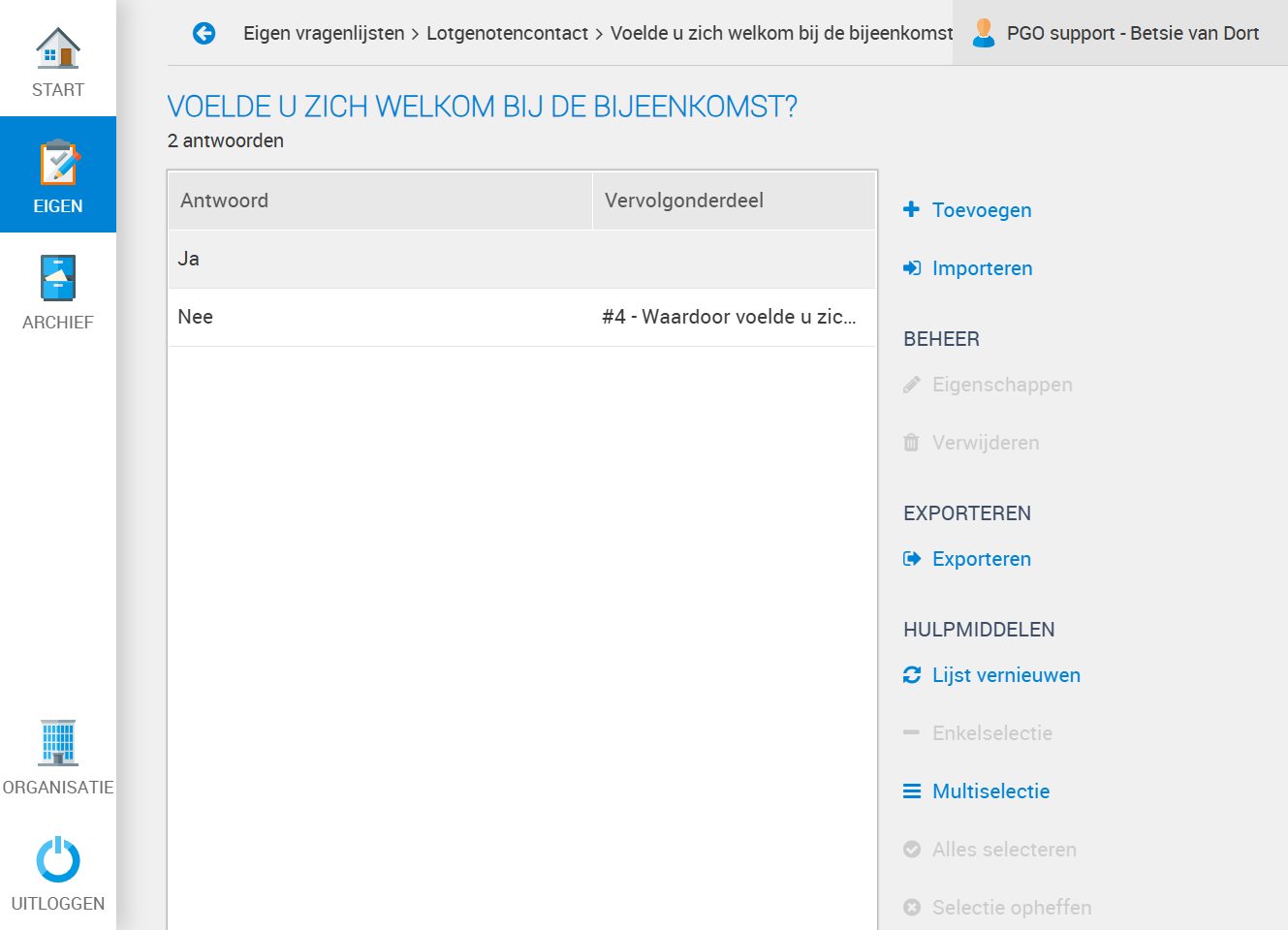 Klik op het antwoord waarvoor je de routing wilt instellen. In dit voorbeeld is dat Ja.