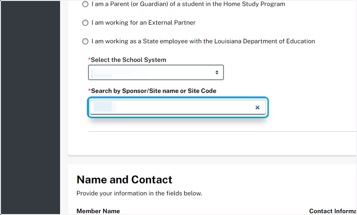 Enter your school, site, or site code.