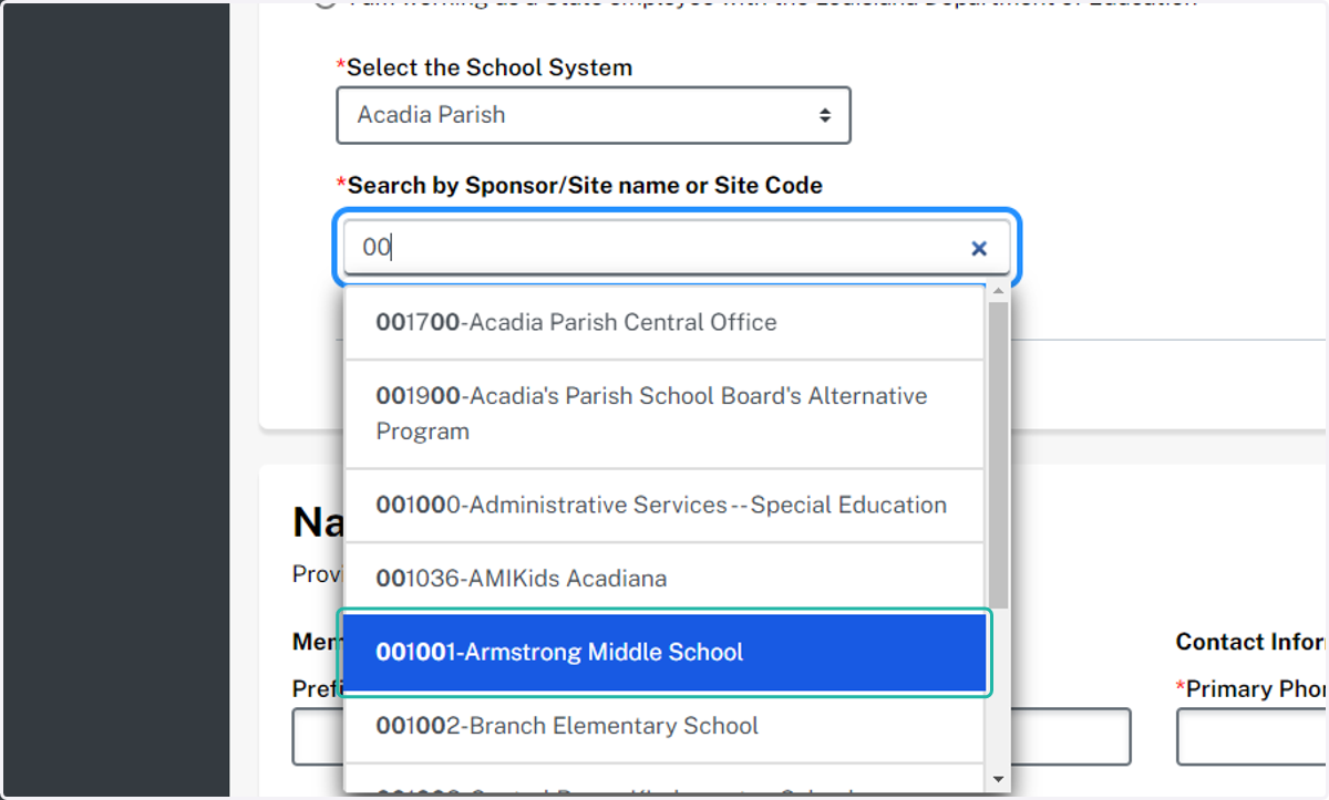 Select your school or site from the list.
