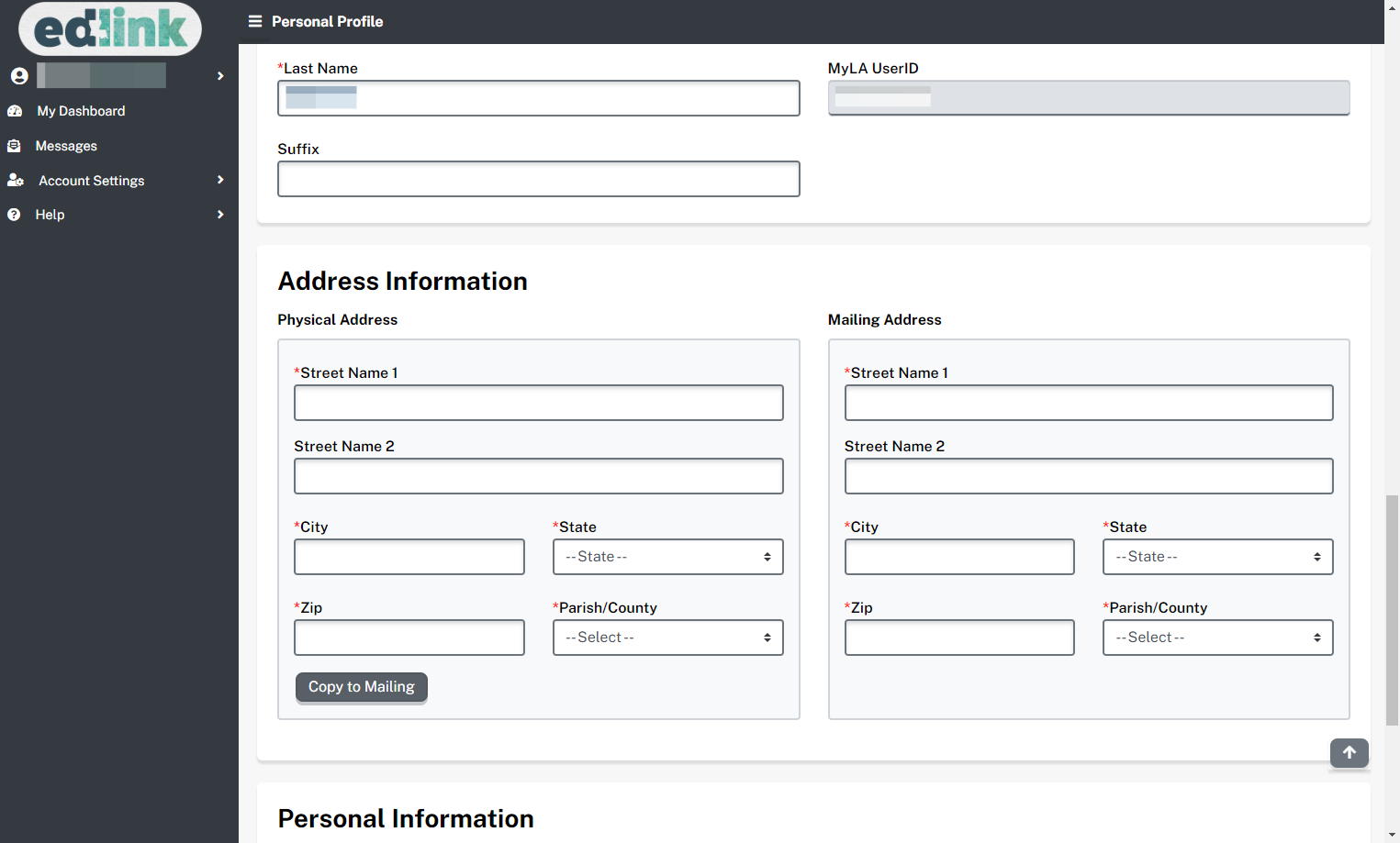 Click on Copy to Mailing to copy the physical address information to the mailing address section.