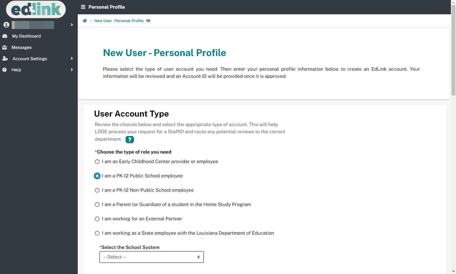 In the New User Profile, select "I am a PK-12 Public School employee".