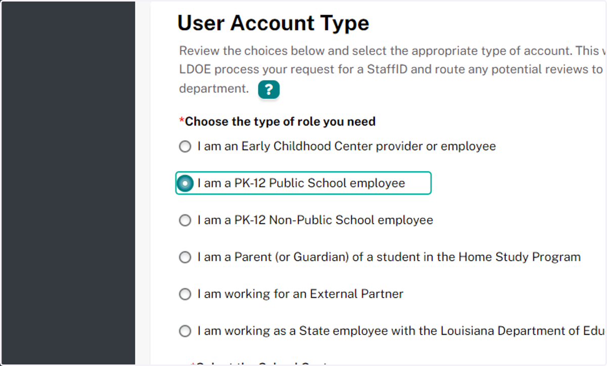 In the New User Profile, select "I am a PK-12 Public School employee".