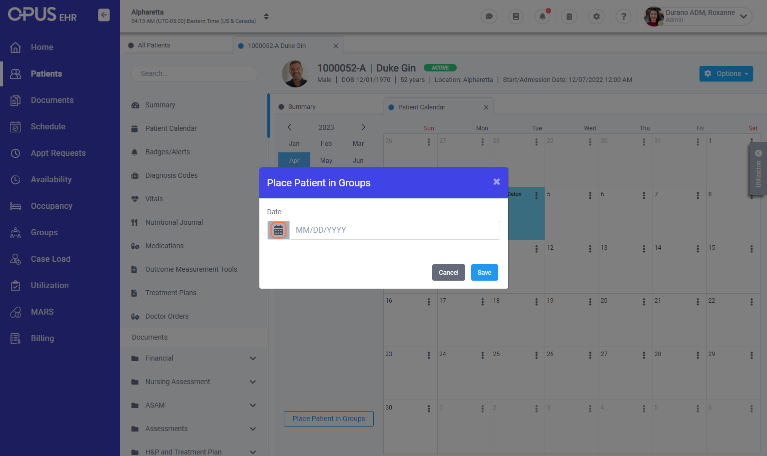 Click on calendar icon to select date of intended group session to place patient