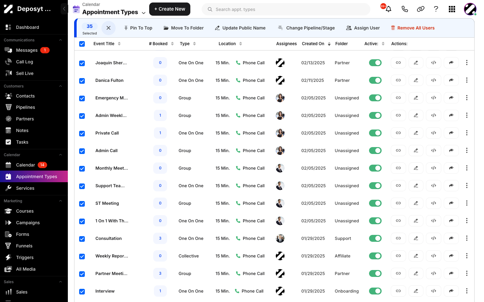 Step 4: All available bulk actions will be displayed, including Pin to Top, Move to Folder, Update Public Name, Change Pipeline/Stage, Assign User, or Remove All Users.
