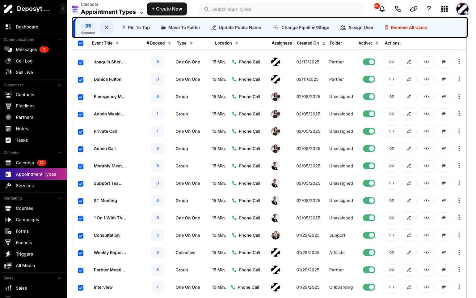 Step 4: All available bulk actions will be displayed, including Pin to Top, Move to Folder, Update Public Name, Change Pipeline/Stage, Assign User, or Remove All Users.