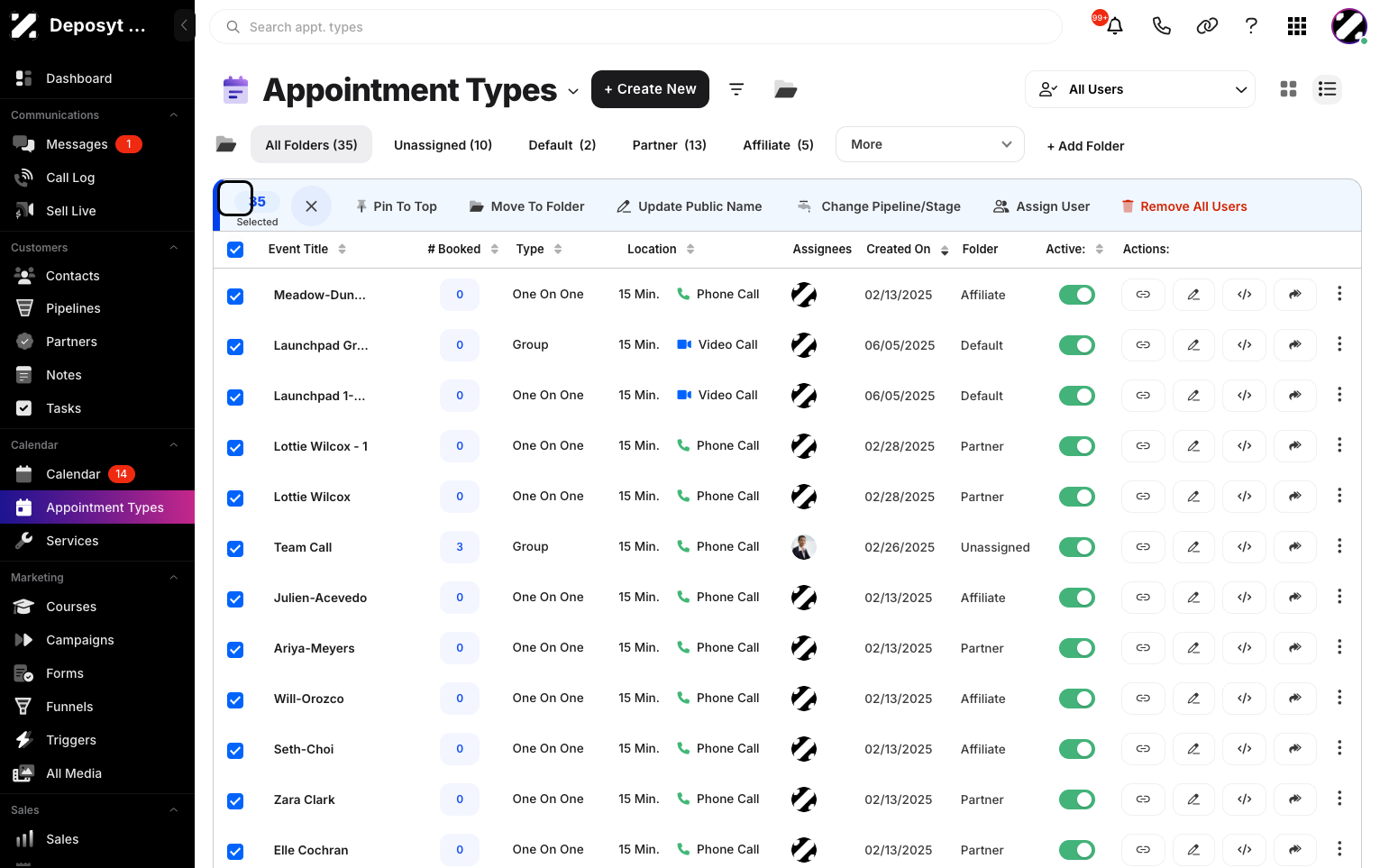 Step 3: Click the Select All button to select all appointment types, or click the checkboxes of specific appointment types to perform bulk actions.