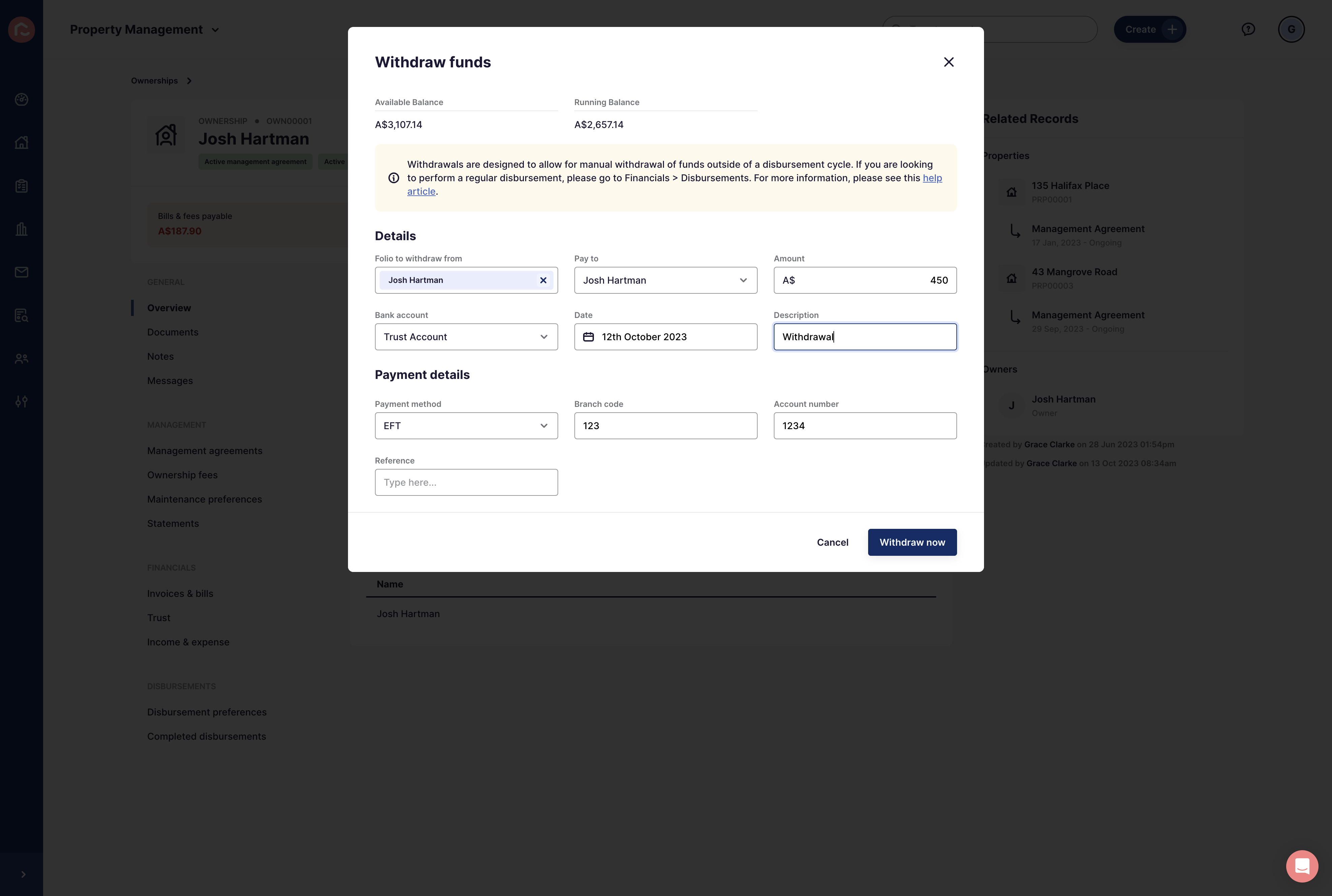 Enter the Withdrawal Description