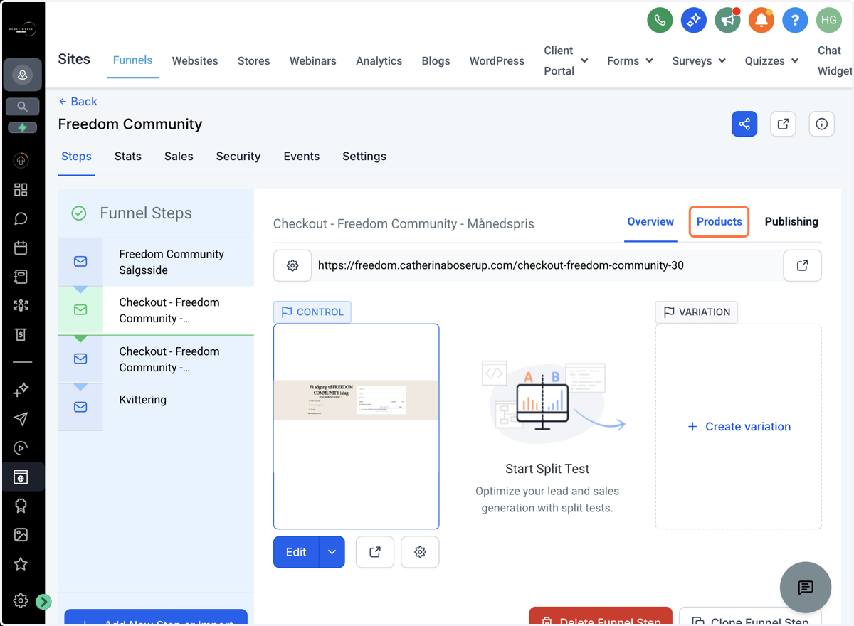 Gå til dit checkout-step og klik på fanen "Products"