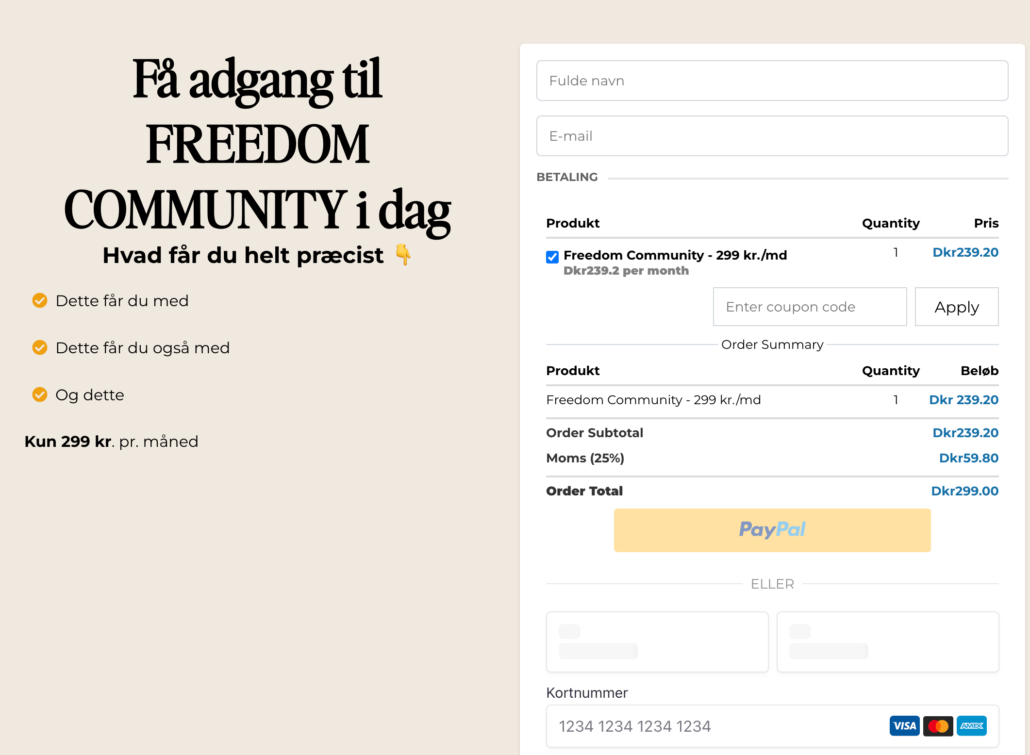 Her kan du se et checkout med et månedligt abonnement