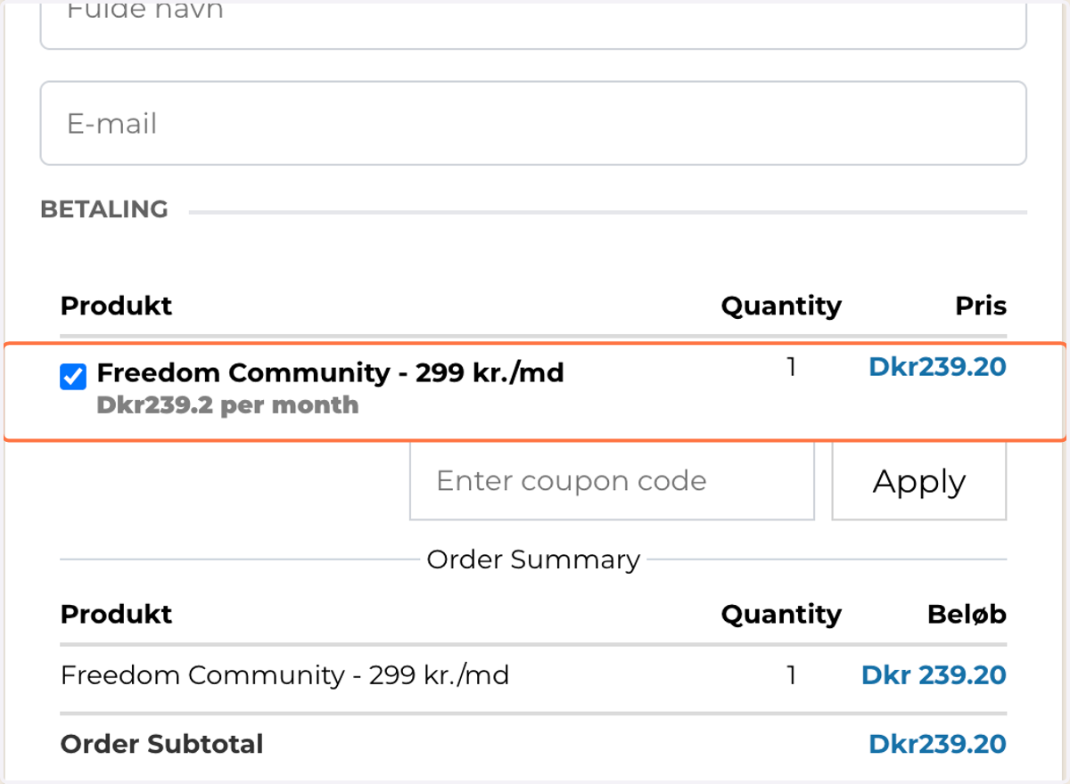 Her kan du se et checkout med et månedligt abonnement