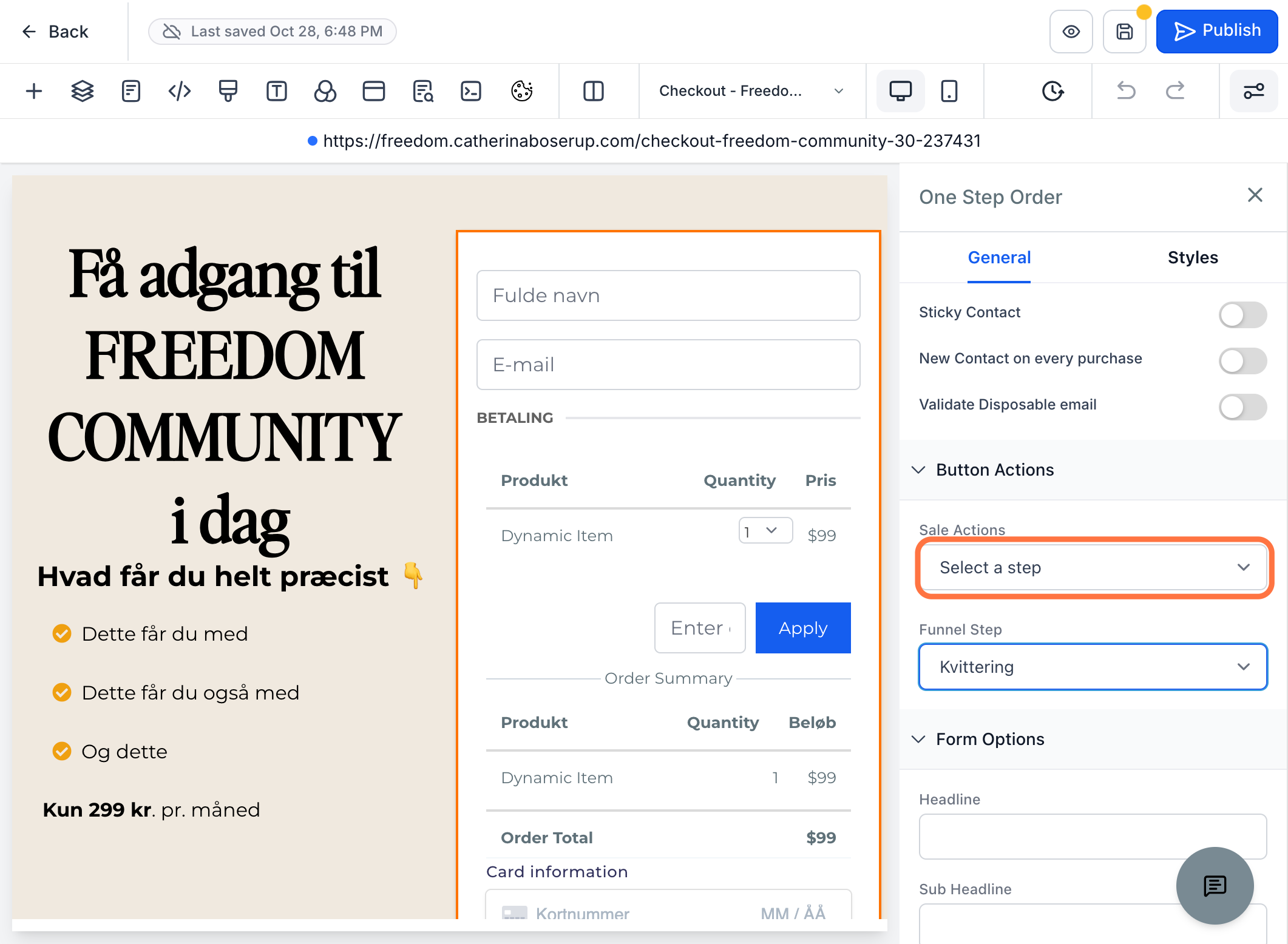 Klik på betalingsformularen og scroll ned til afsnittet "Button Actions", vælg "Select a step" og "Kvittering" i det næste felt