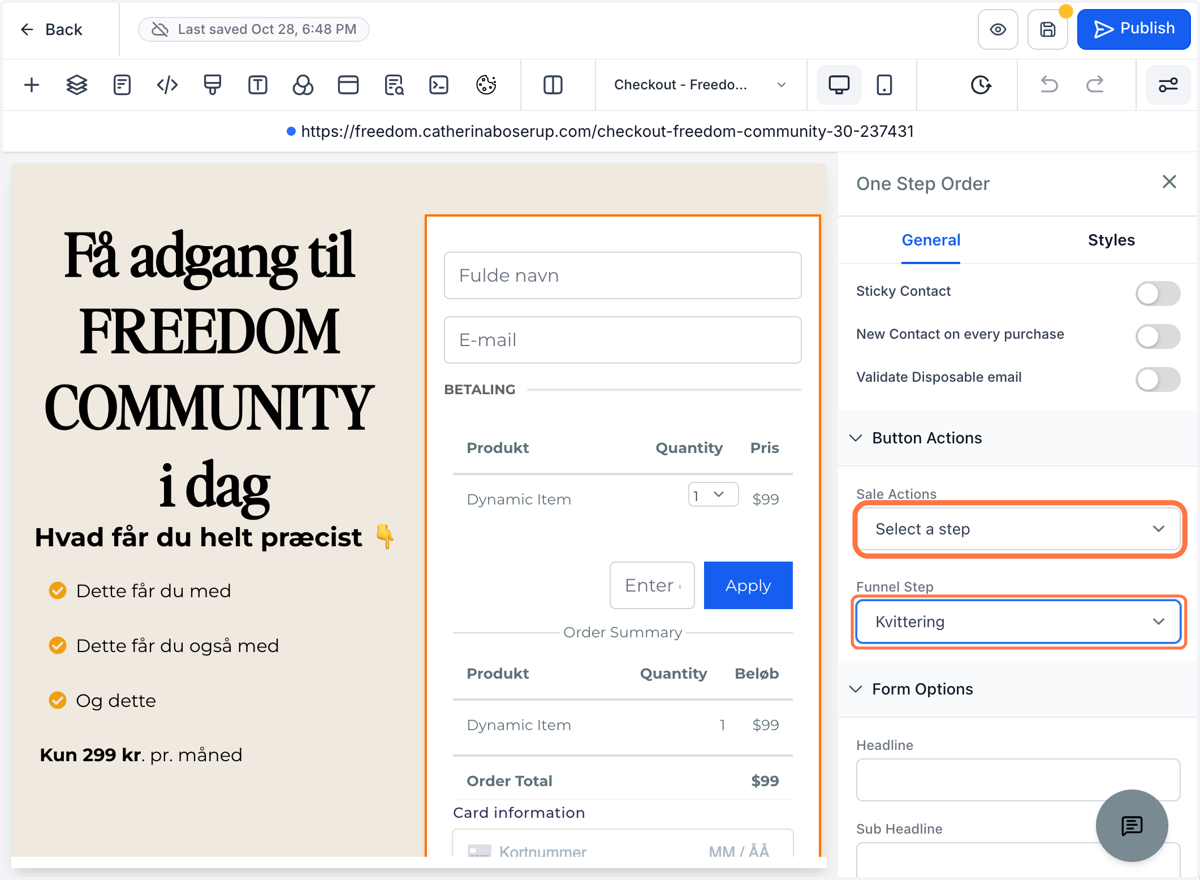 Klik på betalingsformularen og scroll ned til afsnittet "Button Actions", vælg "Select a step" og "Kvittering" i det næste felt