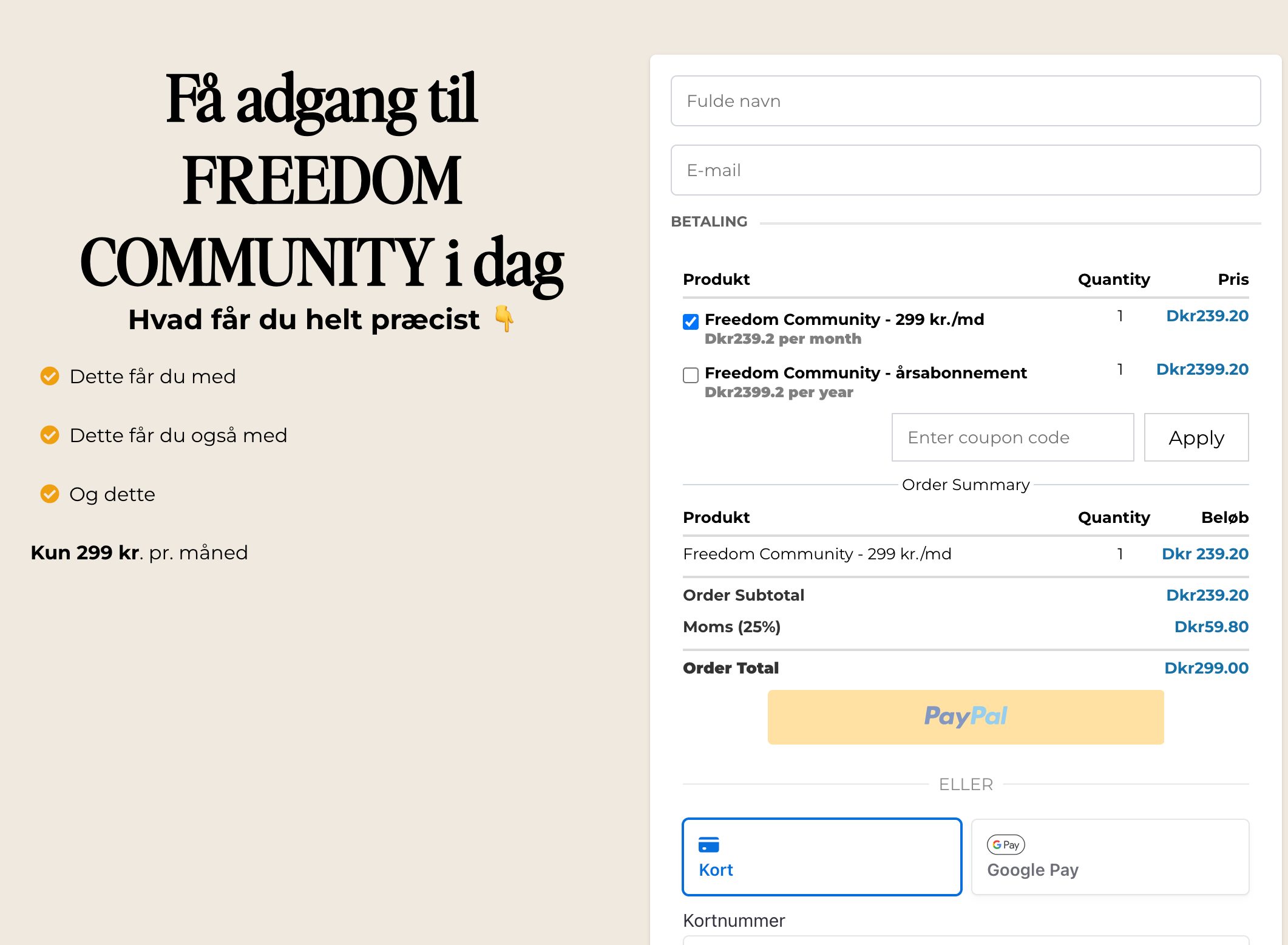 Flere produkter i samme betalingsvindue vil se sådan her ud for kunden og kræver at de vælger hvilket produkt de ønsker