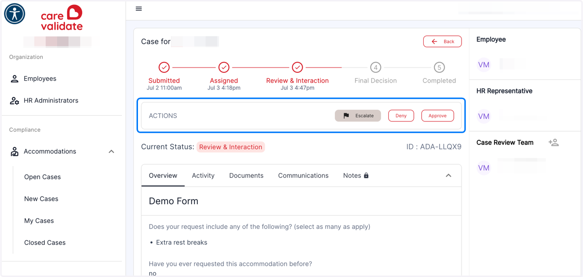 On the Actions bar, you will see buttons to Deny or Approve