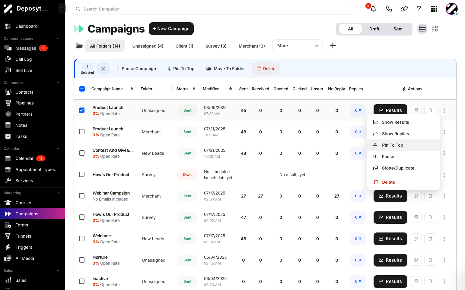 Step 4: The second way is to click the three-dot menu on the campaign, then click Pin To Top.