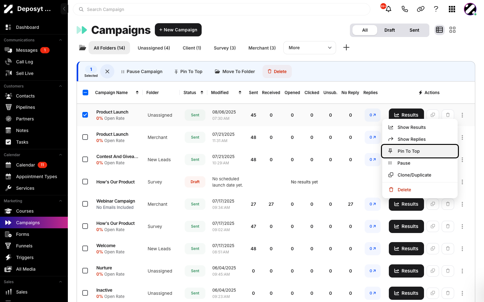 Step 4: The second way is to click the three-dot menu on the campaign, then click Pin To Top.