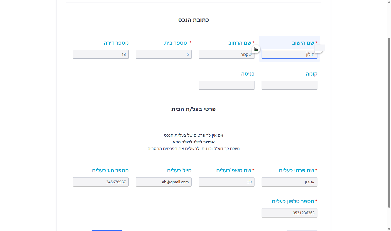 השלימו את פרטי הנכס ובעל הדירה