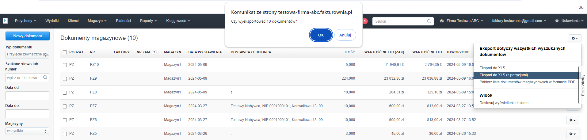 Po wybraniu eksportu, system wyświetli komunikat. Zatwierdź go przyciskiem 'OK', aby system rozpoczął proces generowania pliku.