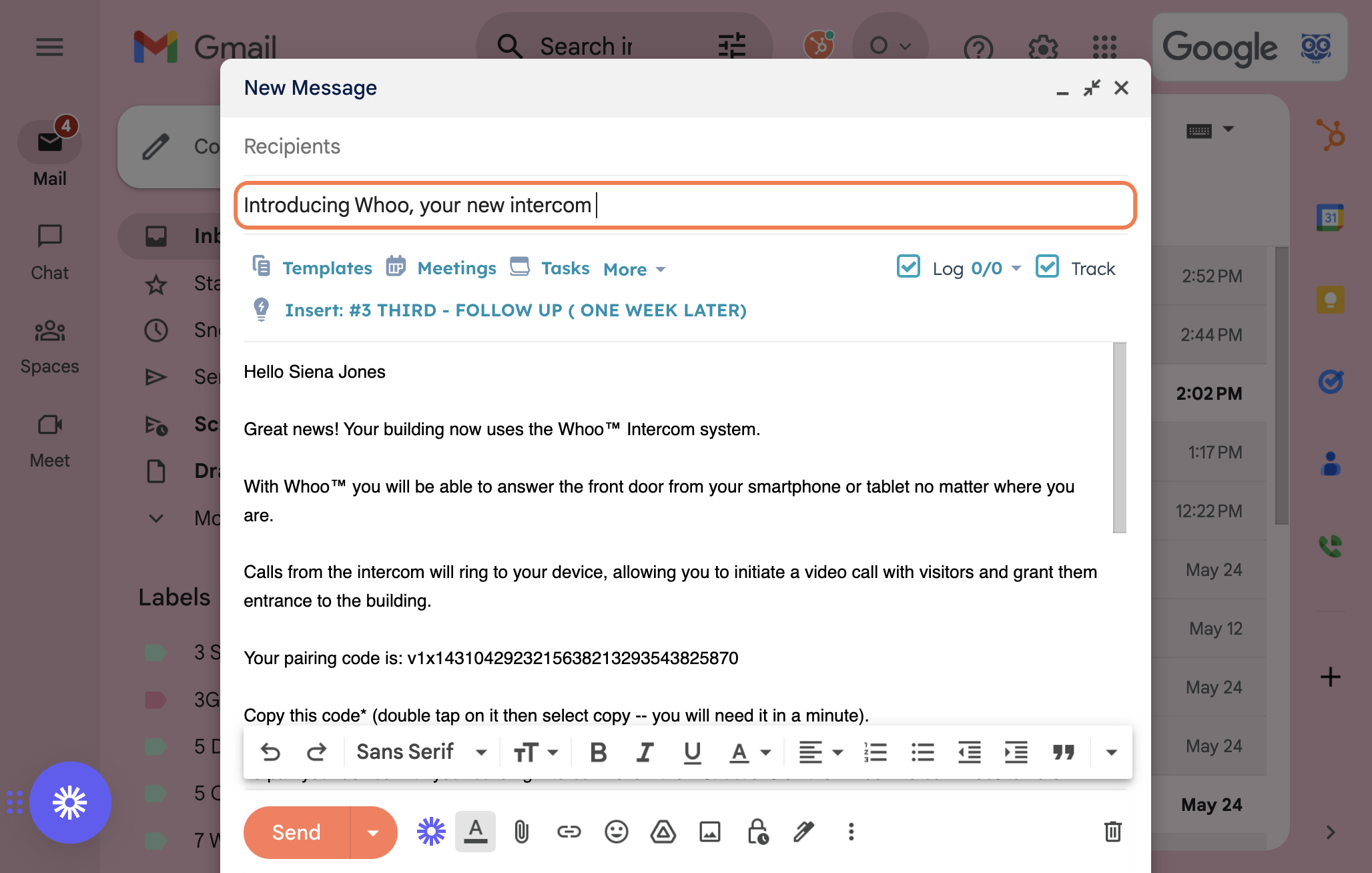 This action will open your email and automatically populate an email with all the information the tenant needs to pair their phone to the intercom system.