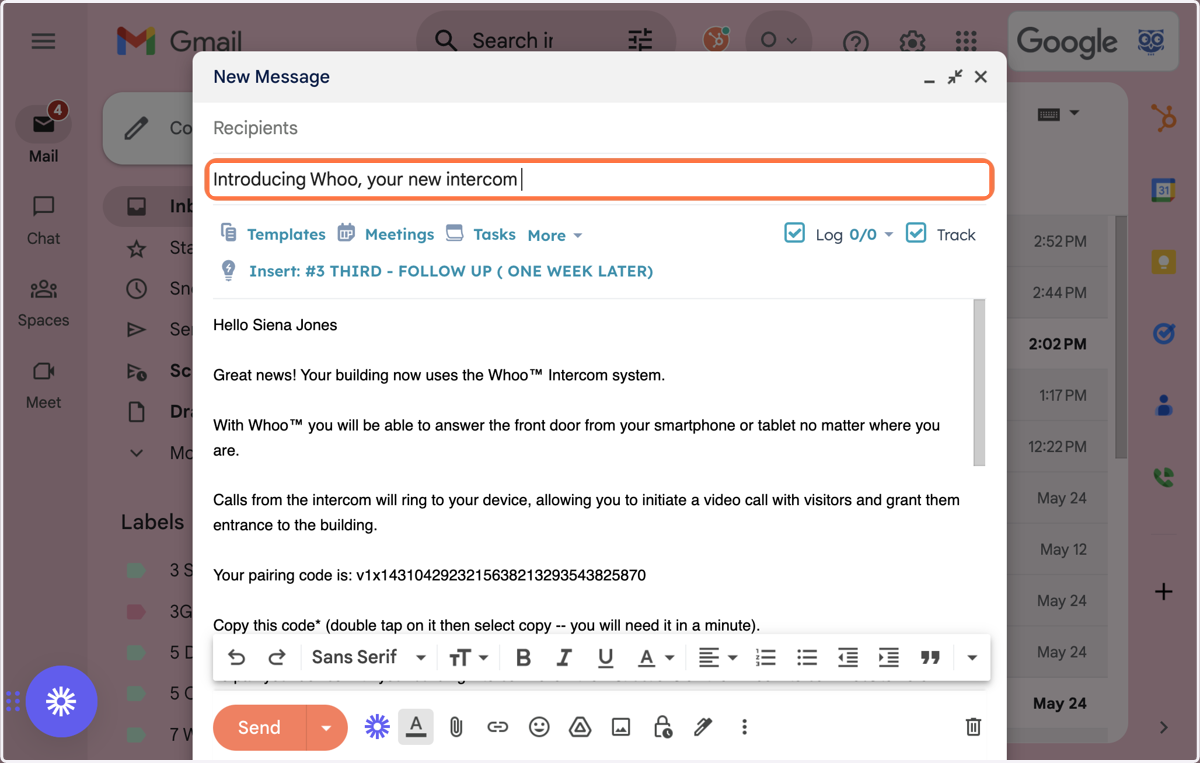 This action will open your email and automatically populate an email with all the information the tenant needs to pair their phone to the intercom system.